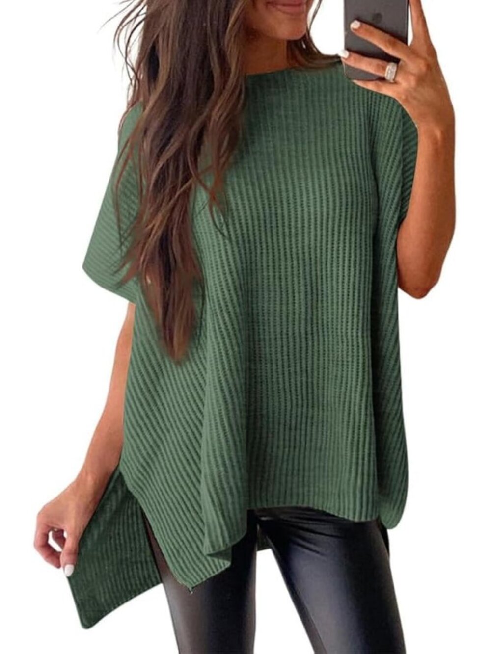 Women's Mist Green Crewneck Short Sleeve Sweater Causal Tunic Lightweight Tops